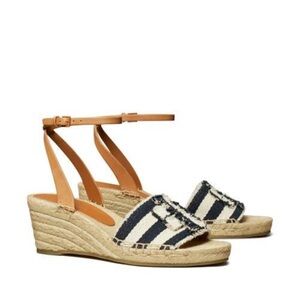 Tory Burch Blue Stripe Ankle Stripe Espadrille Platform Wedge Sandal
